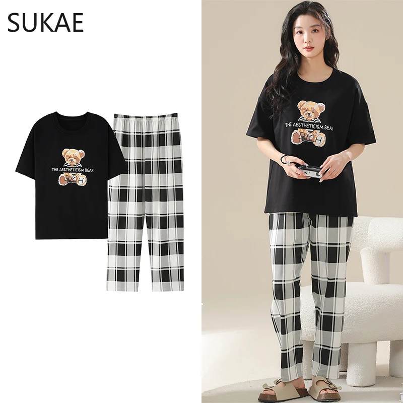 SUKAE M-5XL 여성용 라운지웨어, 빅 사이즈 스트립 파자마, 미니멀리스트 카와이 핑크 십대 코튼 투피스 세트, 잠옷, 여름