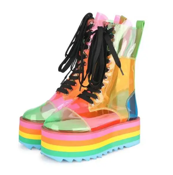 

Patchwork Colorful PVC Thick Sole Platform Wedge Boots Woman Lace Up Front Round Toe Run Way Transparent Mid-calf Booties