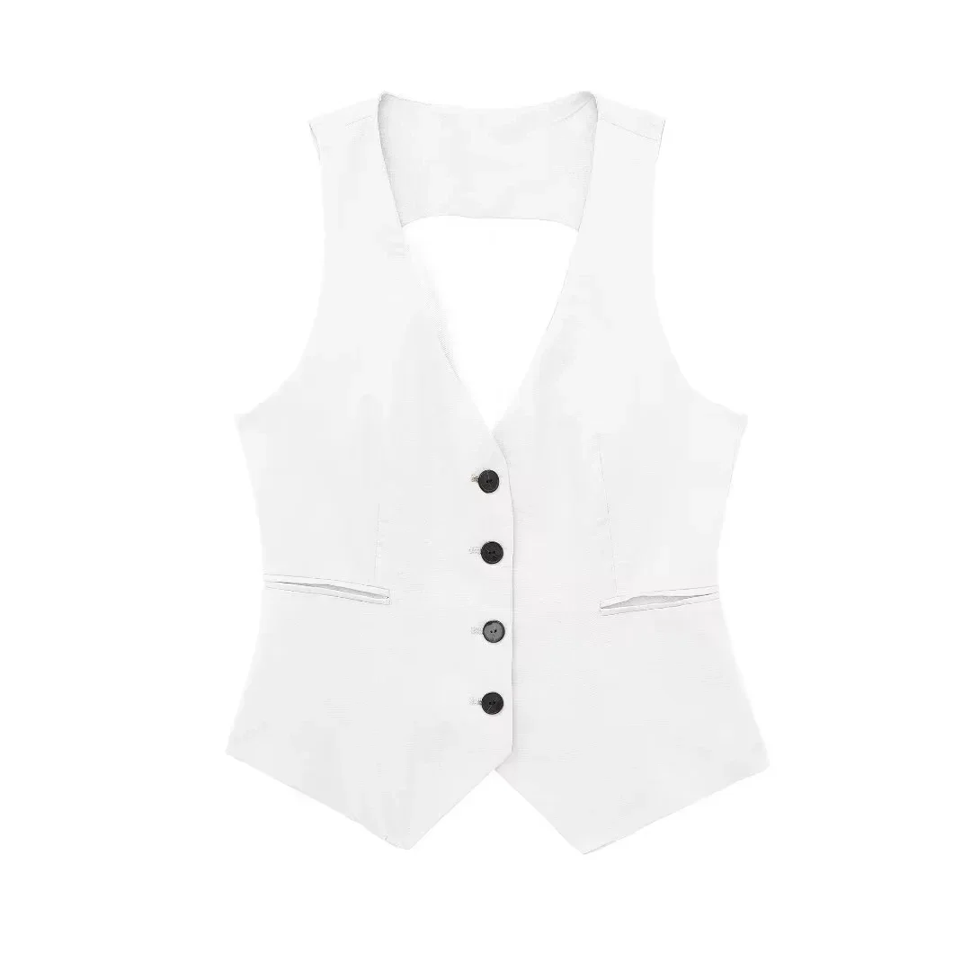 TRAF Fashion Women\'s Vest Linen Sleeveless Suit Vest Coat for Women Autumn Korean Female Black White Suit Vest Top