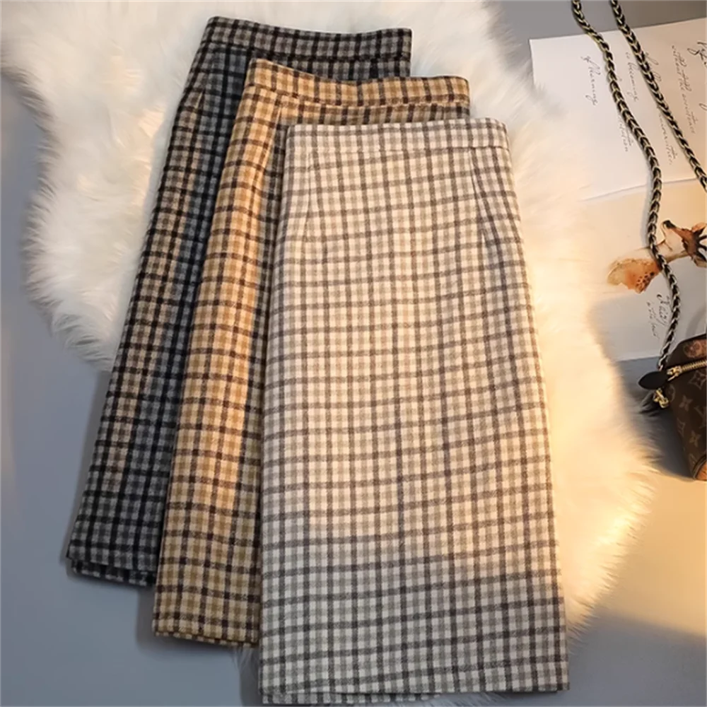 

Wool plaid skirt women high-waisted buttocks ol pencil long skirt