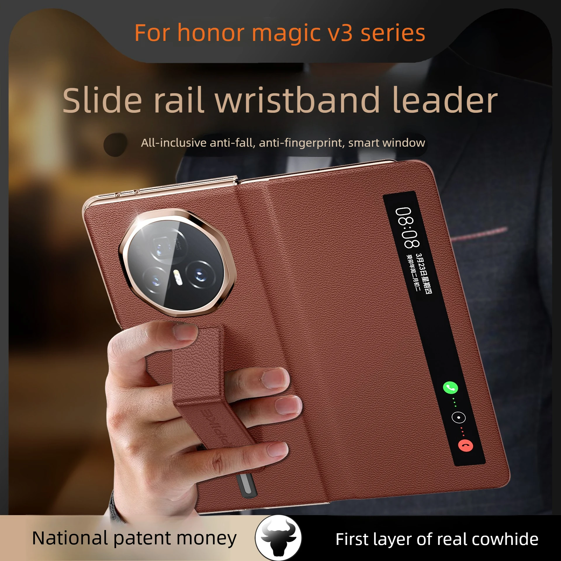 

Genuine Leather Flip Case for Honor magic V3 Case Folding Screen Magnetic Wristband Bracket Drop-resistant Cover for Magic V3