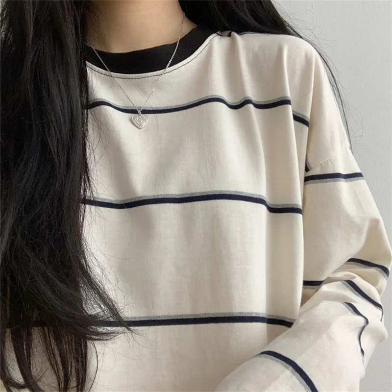 Korean Young Style Simple Stripes Print T-Shirts Women Loose Autumn 2022 Lady Casual O Neck Long Sleeve Chic All Match Tops 2022