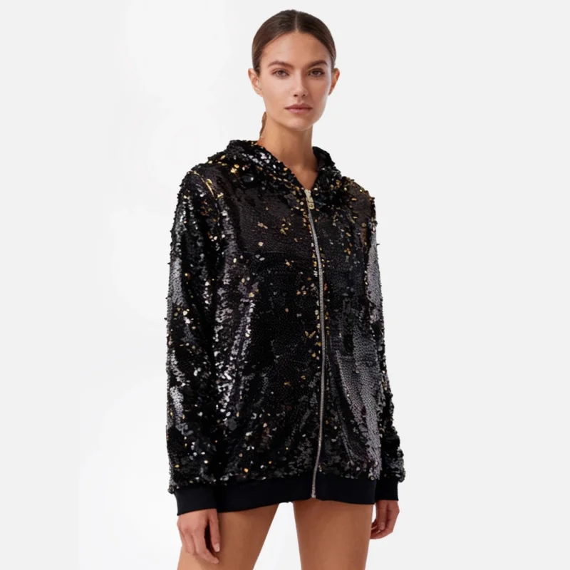Casual sequin top, multi-color sequin long-sleeve baseball jacket with hood