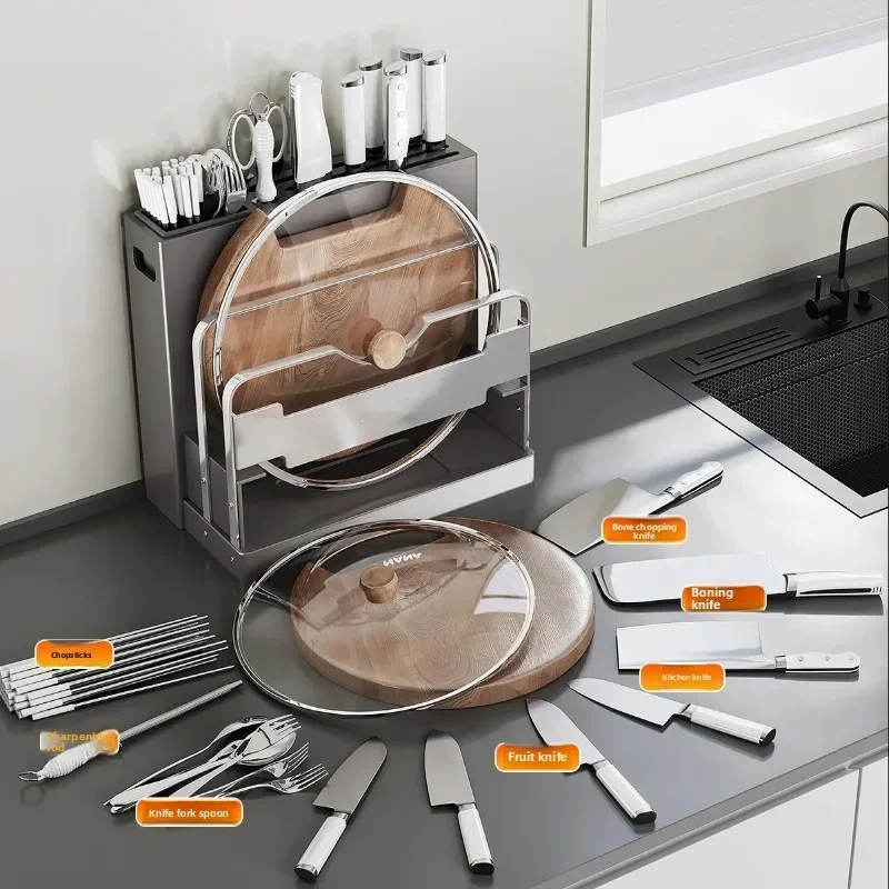 Firm Kitchen Knife Holder Shelf Stainless Steel Multifunctional Kitchen Knife Holder Chopsticks Cutting Board Storage Shelf