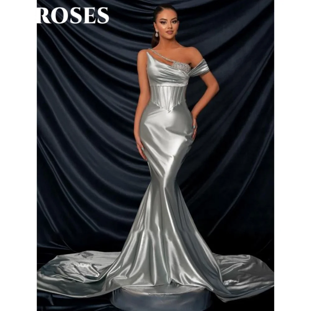 

ROSES Silver Noble Prom Dress One Shoulder Sweetheart Prom Gown Shiny Rhinestones Beadwork Celebrity Dresses for Woman 프롬 드레스