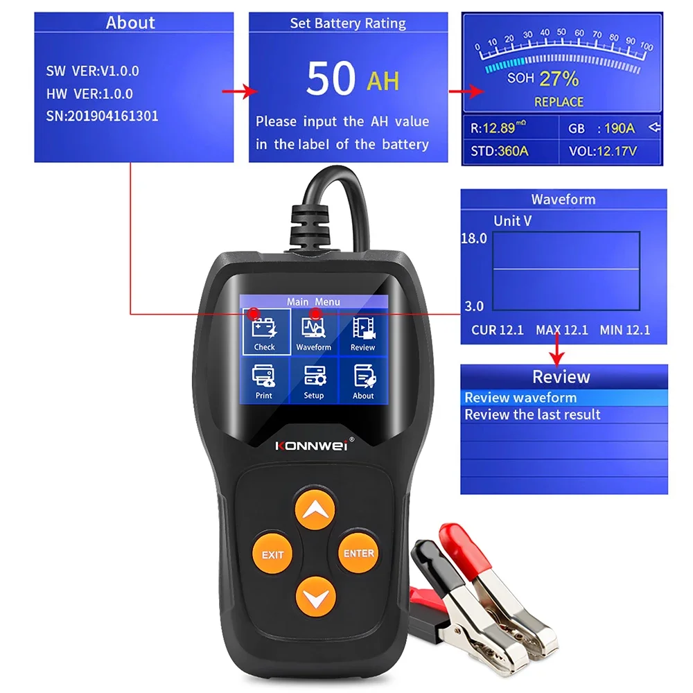 KONNWEI KW600 12V Car Battery Tester 100 To 2000CCA 12 Volts Battery Tools for The Car Quick Cranking Charging Diagnostic