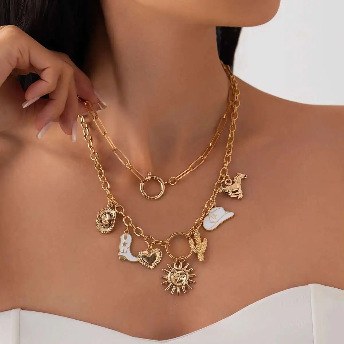 Ingemark 2Pcs/Set Vintage Cowboy Hat Cactus Love Heart Pendant Choker Necklace for Women Boho Clavicle Chain Y2K Jewelry Gift
