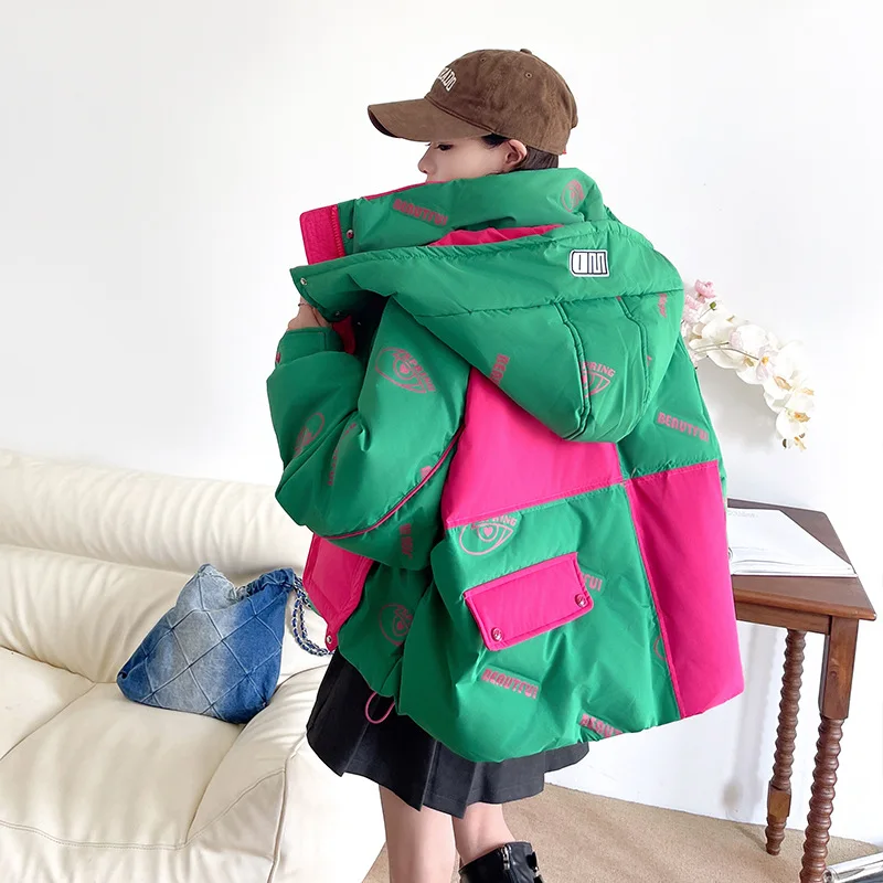 الشتاء الأبيض بطة أسفل السترات الدافئة المرقعة مقنعين أسفل سترة المرأة جيب كبير سميكة مبطن سترة أبلى معطف