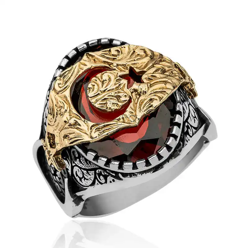 Sterling Silver Red Faceted Stone Moon and Star Men's Ring - 925 Sterling Men's Jewelry Wedding Birthday Gift - Box - For Men - Fashion - Botiva - Size - Turkish - Patterned Embroidery