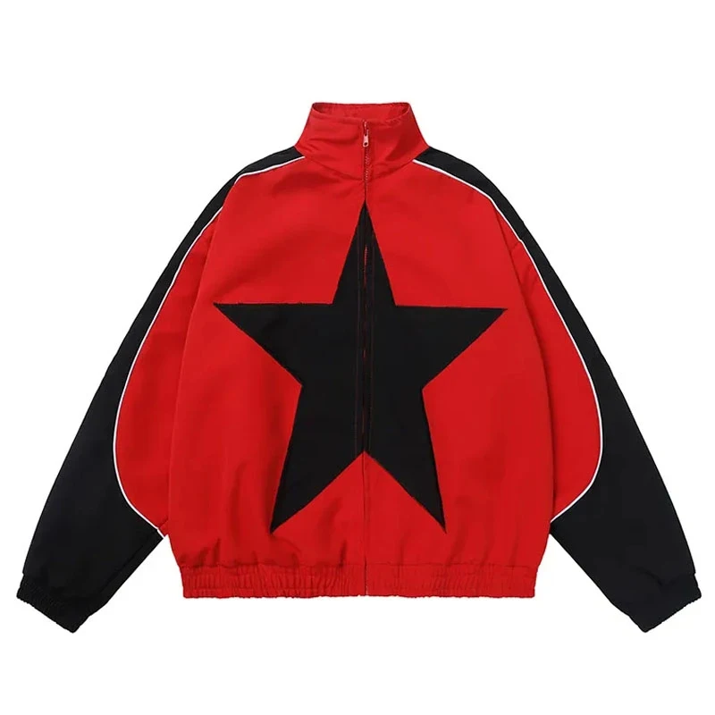 INS Autumn Academy Jacket Men Women Harajuku Retro Loose Streetwear American Star Pattern Paneled Coat Hip Hop Casual Couple Top