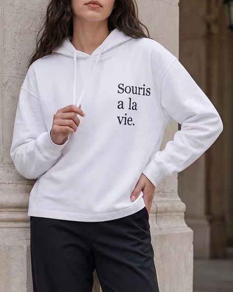 Women Oversized Hoodie Souris a la vie French Slogan Front Print Long Sleeve Casual Pullover Hooded Sweatshirt