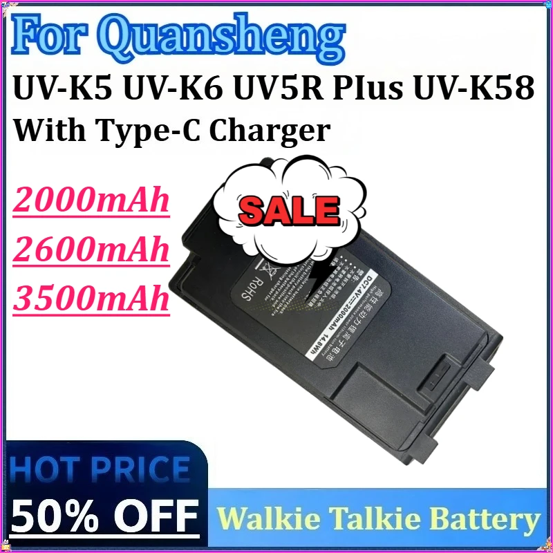 

7.4V 2000/2600/3500mAh for Quansheng UV-K5 UV-K6 with Type-C Charger UV5R Plus UV-K58 Battery New Walkie Talkie Thicker Battery
