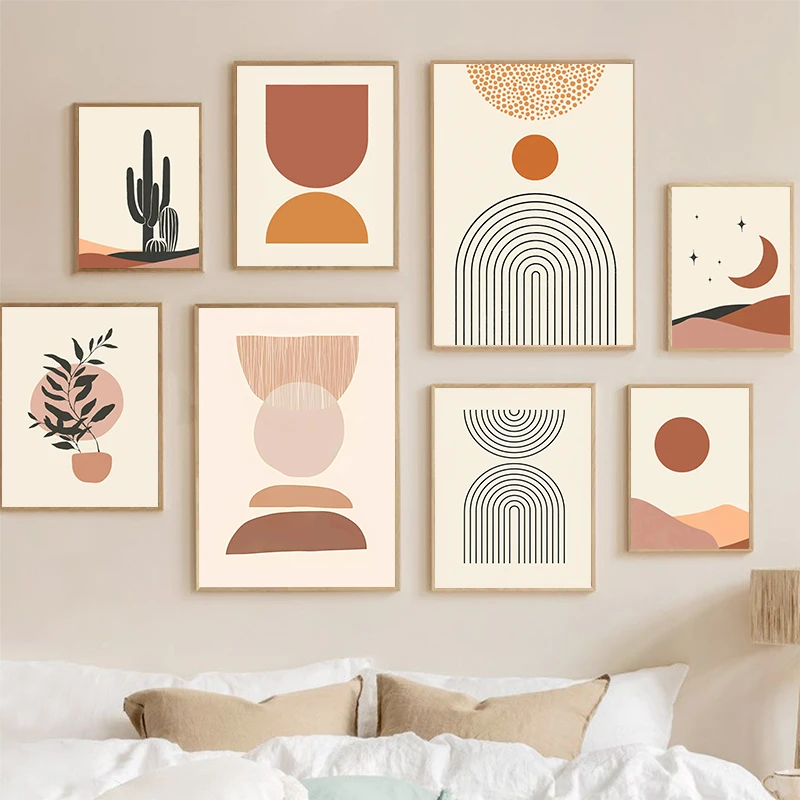 Abstract Desert Cactus Landscape Poster Geometric Line Wall Art Canvas Painting Nordic Room Decoration Paints Picture for Home