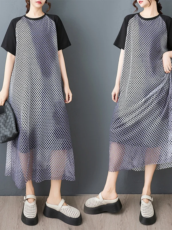 เสื้อถักไหมพรมทรงตรงสไตล์เกาหลี ลายมัดย้อมแบบโปร่ง ดีไซน์หลวม ยาว  แบบสองชิ้นปลอม  แฟชั่นฤดูร้อน