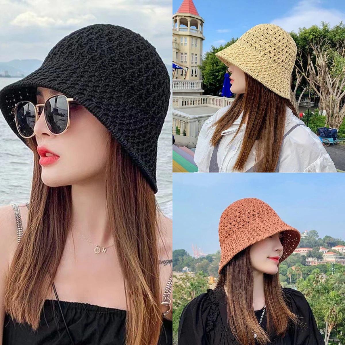 

Sunscreen Solid Colour Bucket Hat Fashion Fisherman Hat Outdoor Cycling Hiking Travel Beach Breathable Knitted Hat