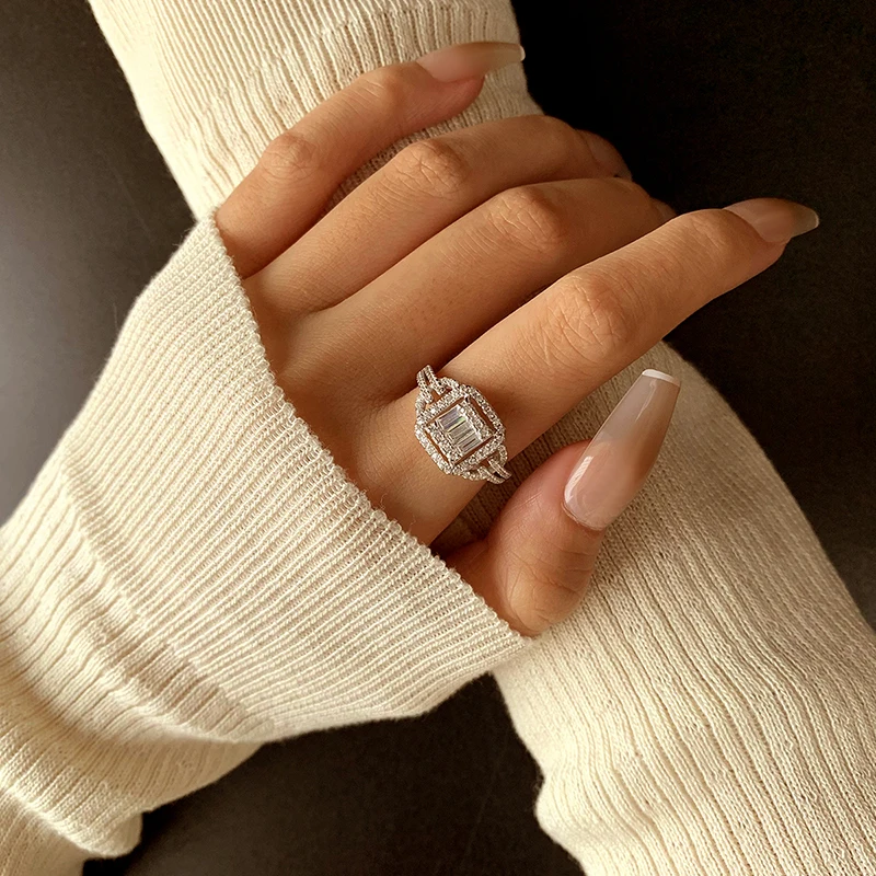 Exquisite Genuine S925 Silver Hollow Square Engagement Couple Ring Women's Geometric Valentine's Day Gift Jewelry