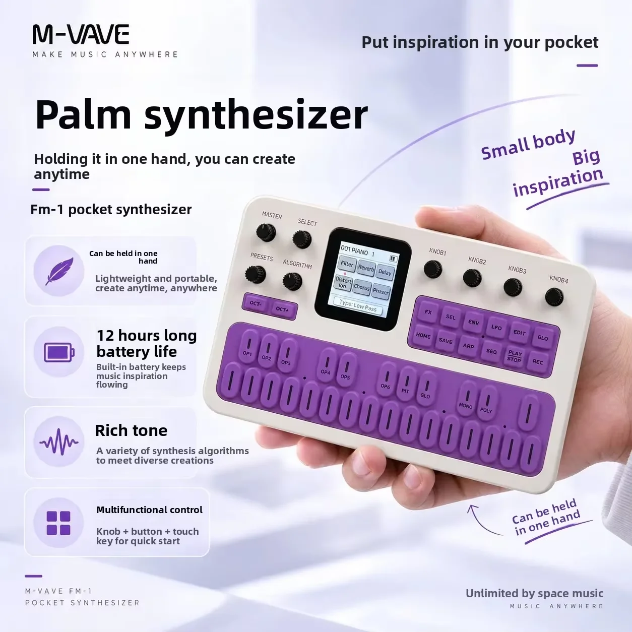 M-VAVE FM-1 Effect Pedal Portable Fm1 Bluetooth Synthesizer 12h Battery 6-Operator Speaker Midi 32-Algorithm 128 Preset Built-In