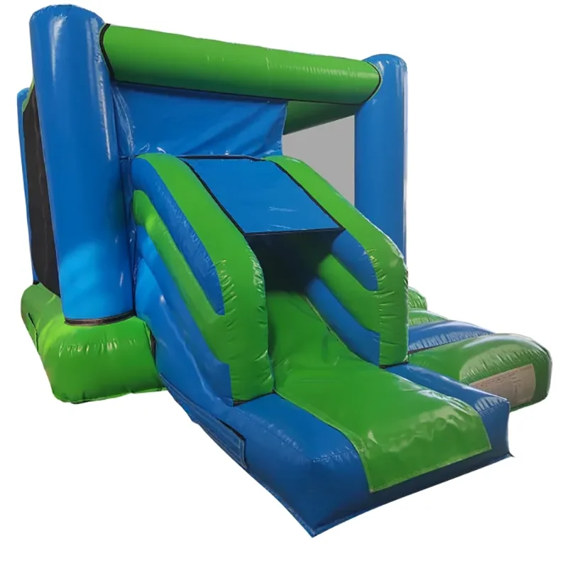 inflatable bounce house, green and blue slide and bounce combo