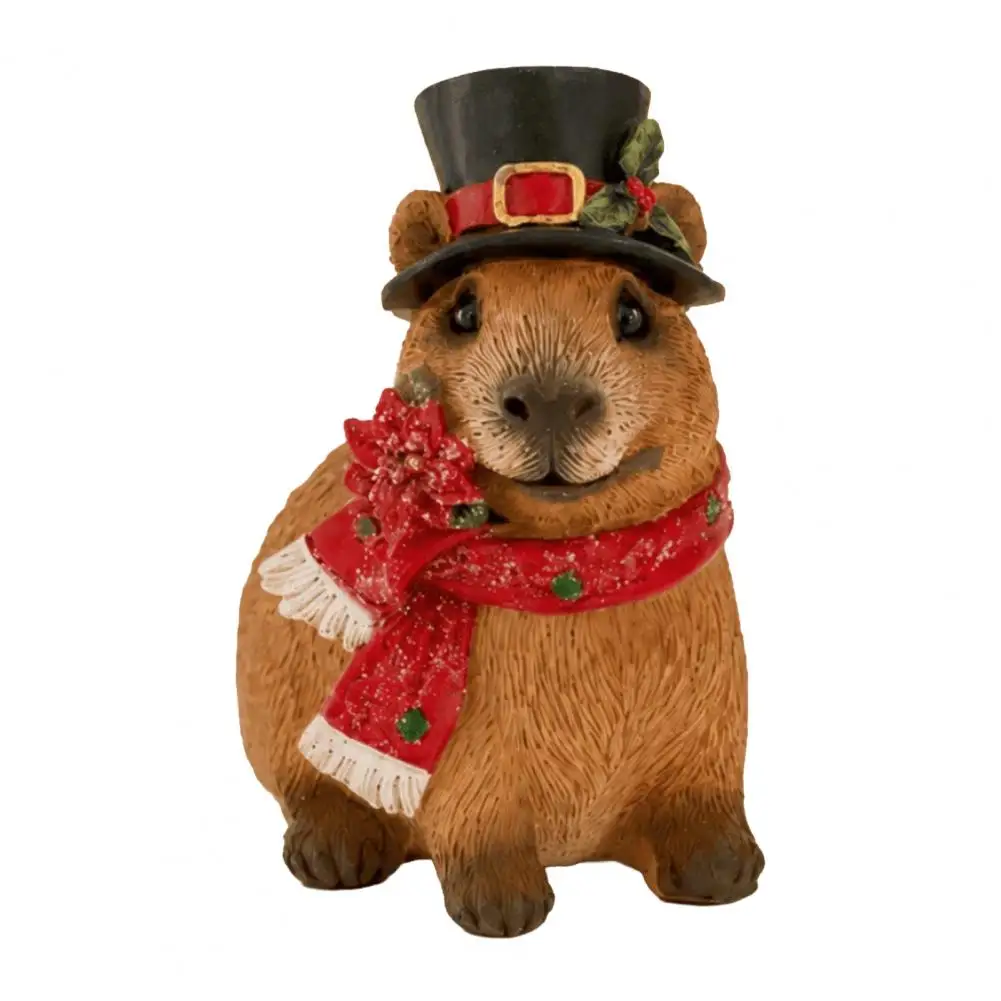 Festive Room Decor Cute Resin Ornament Christmas Capybara Figurine with Hat Scarf Resin Sculpture Cute Holiday Tabletop for Home