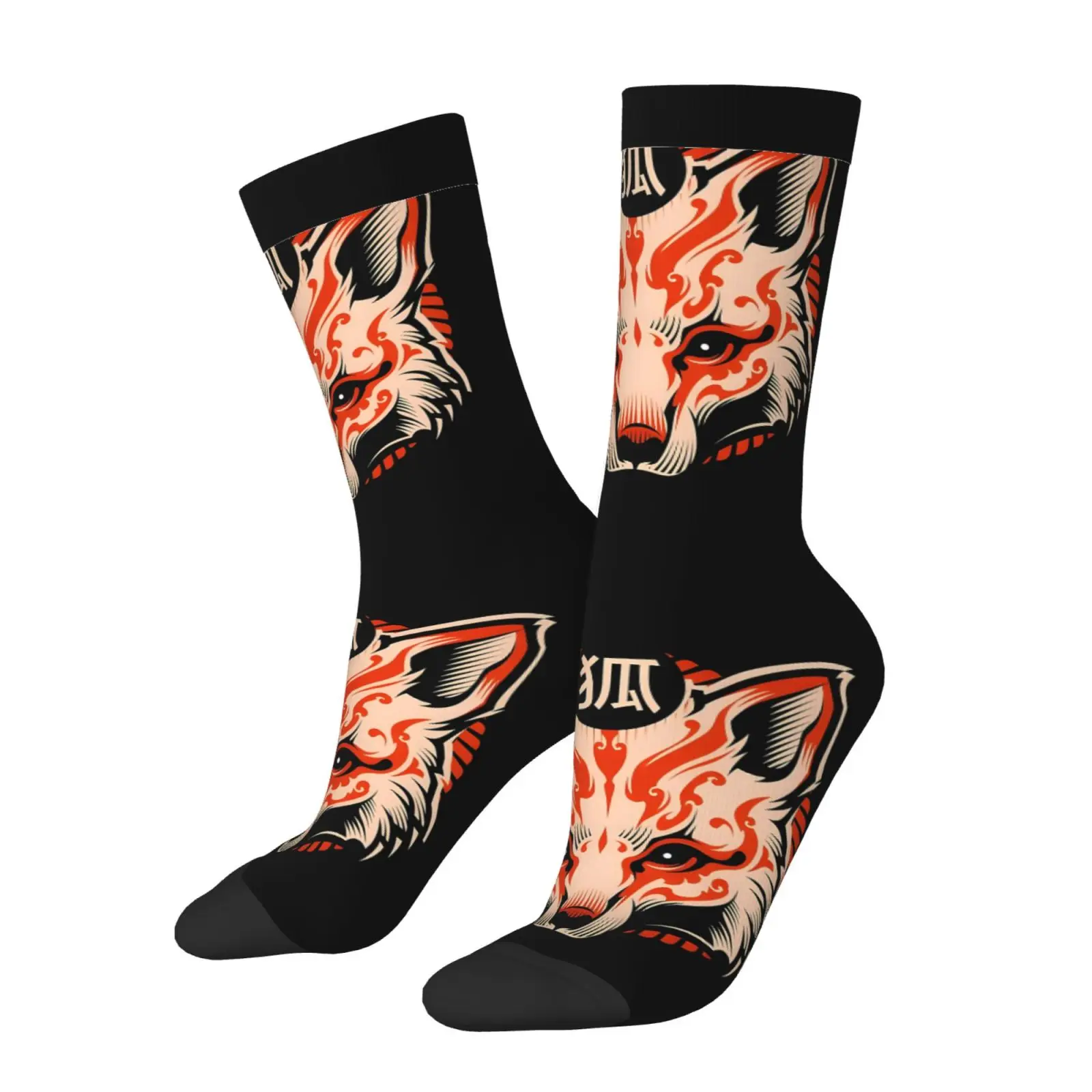 Vintage Japanese Kitsune Fox Crew Socks Oriental Fox Pattern Mid Calf Socks For Men Women