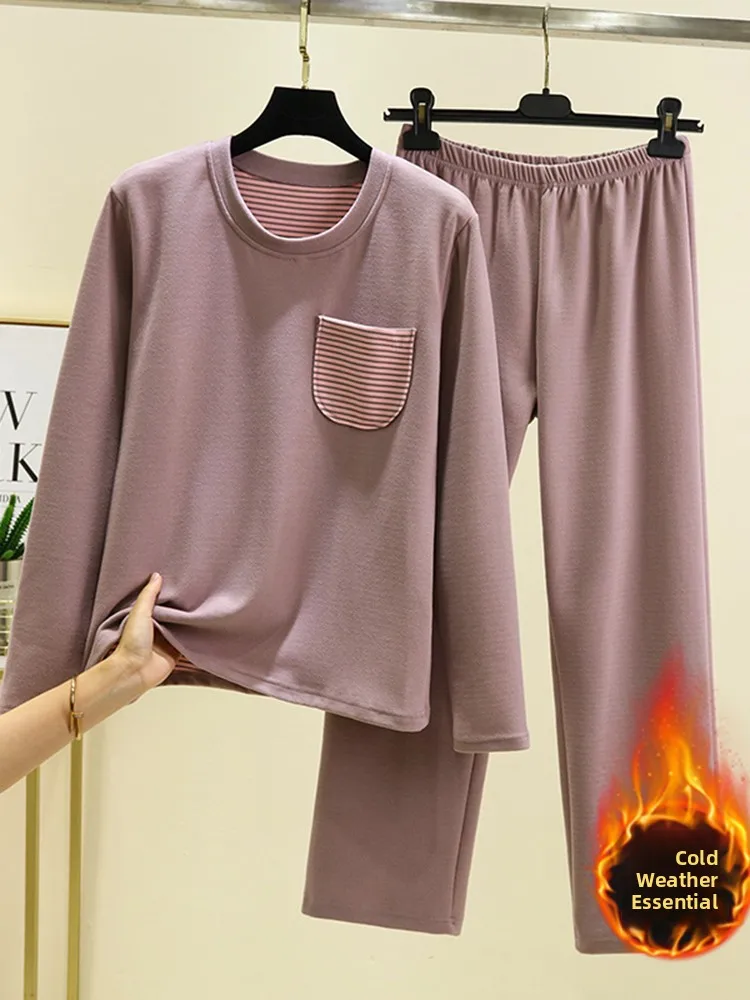 

Double-Sided Fleece round Neck Long Sleeve Sleepwear Set Women's Casual Comfortable plus Size Home Clothes Pajamas T-Shirt