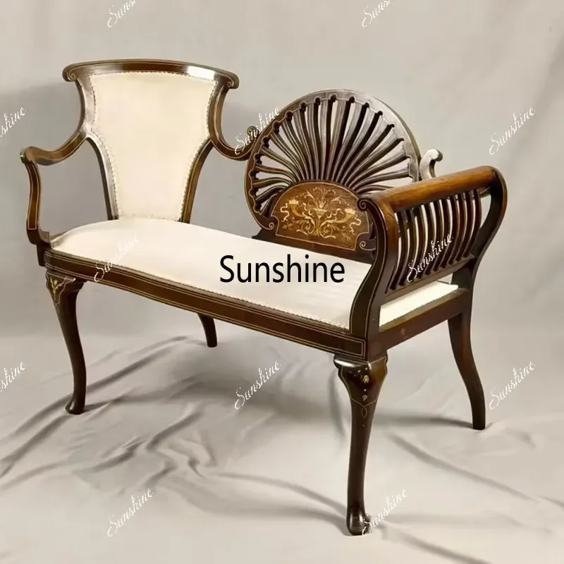 YFrench retro solid wood sofa living room small apartment straight row antique salad chair