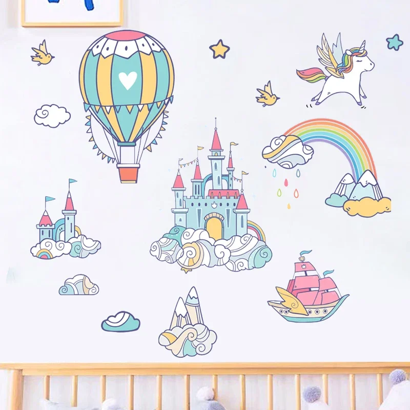 สติ๊กเกอร์ติดผนังรูปปราสาทเจ้าหญิงยูนิคอร์นสติกเกอร์เมฆสีรุ้งมีกาวในตัวสำหรับ hiasan dinding rumah ปาร์ตี้ห้องนอนเด็กผู้หญิงห้องเด็ก