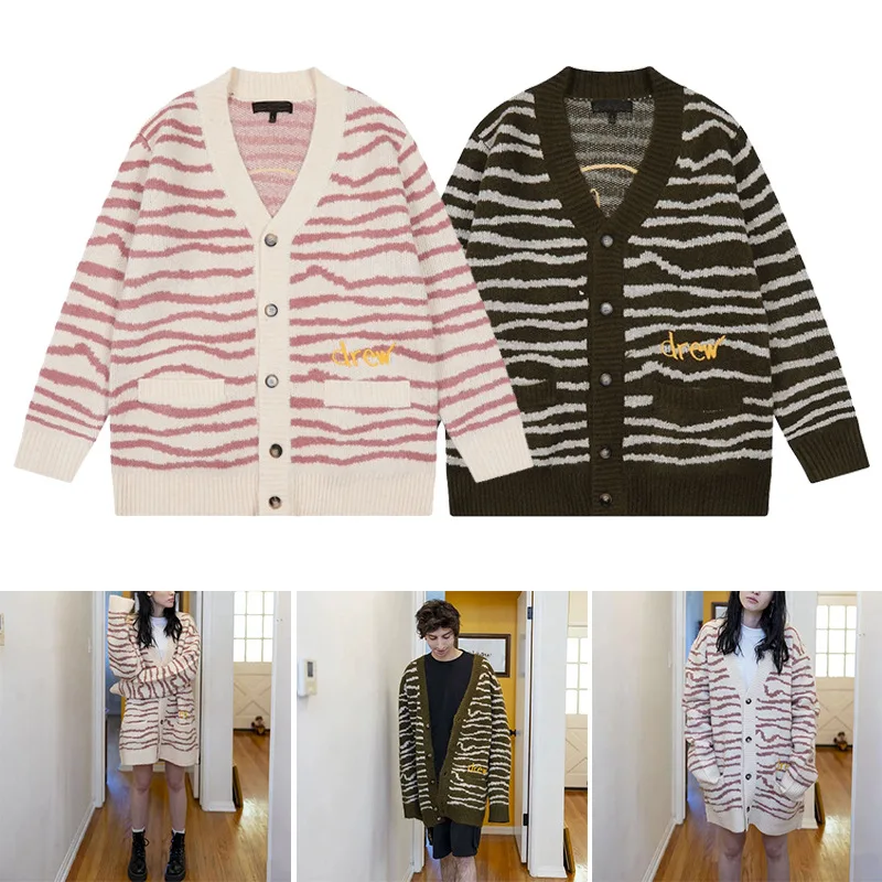 Drew House Premium Hand-Painted Smiley Wave Pattern V-Neck Oversized Knit Cardigan Sweater
