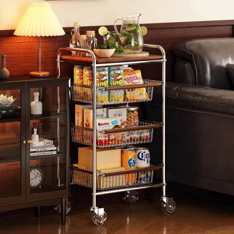 Household dining side cabinet mobile kitchen medieval multi-functional trolley snacks living room fruit and vegetable storage