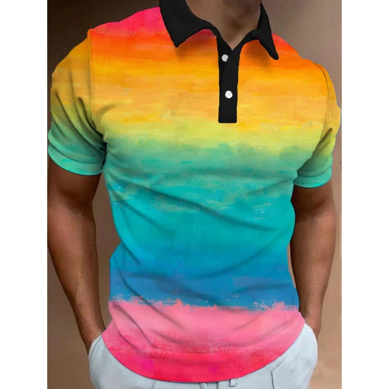 Homens 3D cor do arco-íris listra impressão camiseta polo, lapela camisas de manga curta, blusa casual de golfe extragrande, botões tops, moda