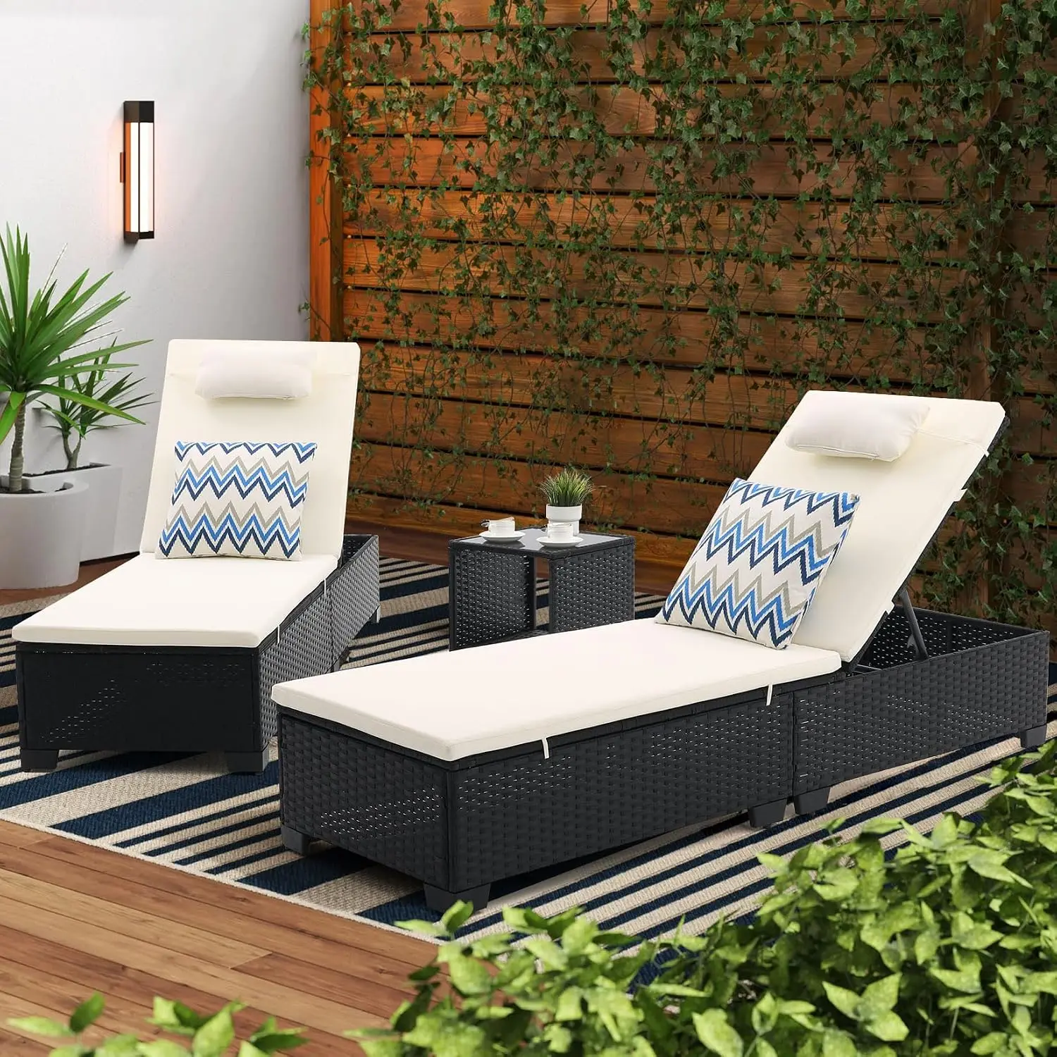 Outdoor Patio Wicker Chaise Lounge Set 3 Reclining Chair Adjustable Backrest Pool Sunbathing with Table Beige, Customized