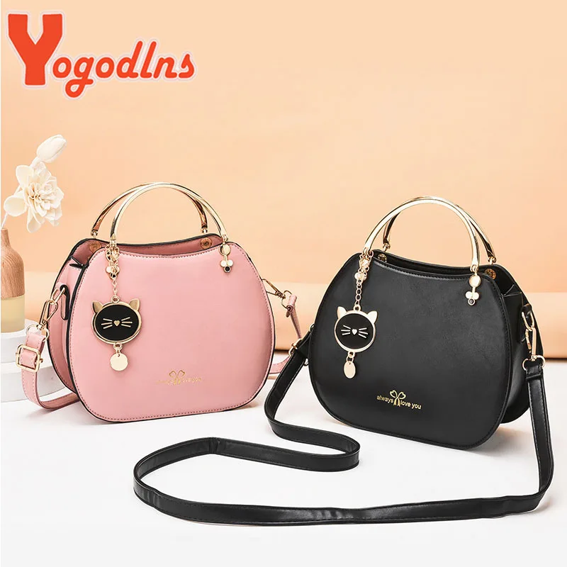 Women Shoulder Messenger Bags PU Leather Fashion Designer Adjustable Strap Crossbody Handbags with Cat Pendant Purse