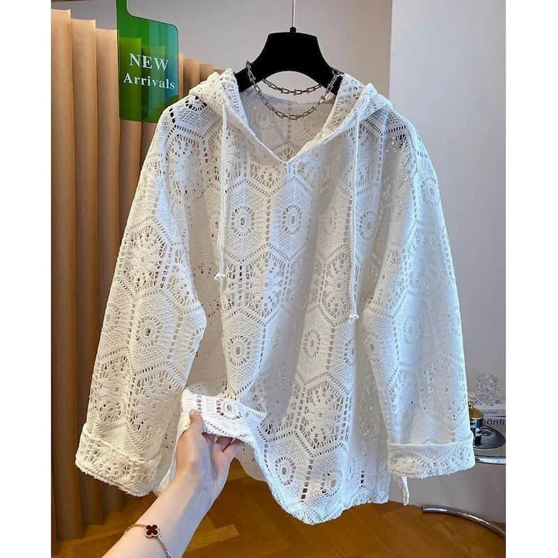 Crochet T-shirts for Women Hooded Sunscreen Lace Semi-sheer Fabric Tops Oversized Casual Korean Style Smock 2026 Summer Clothes