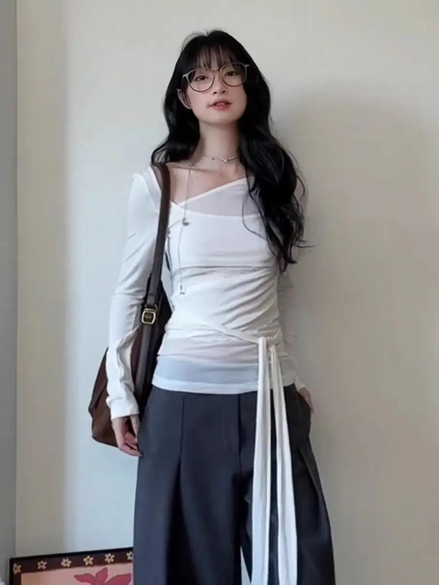 

Long Sleeved T Shirts Heavy Cotton 100% Womens Autumn Folded Shoulder Snap Tab Neckline Minimalist Youth School Layered Clean OL