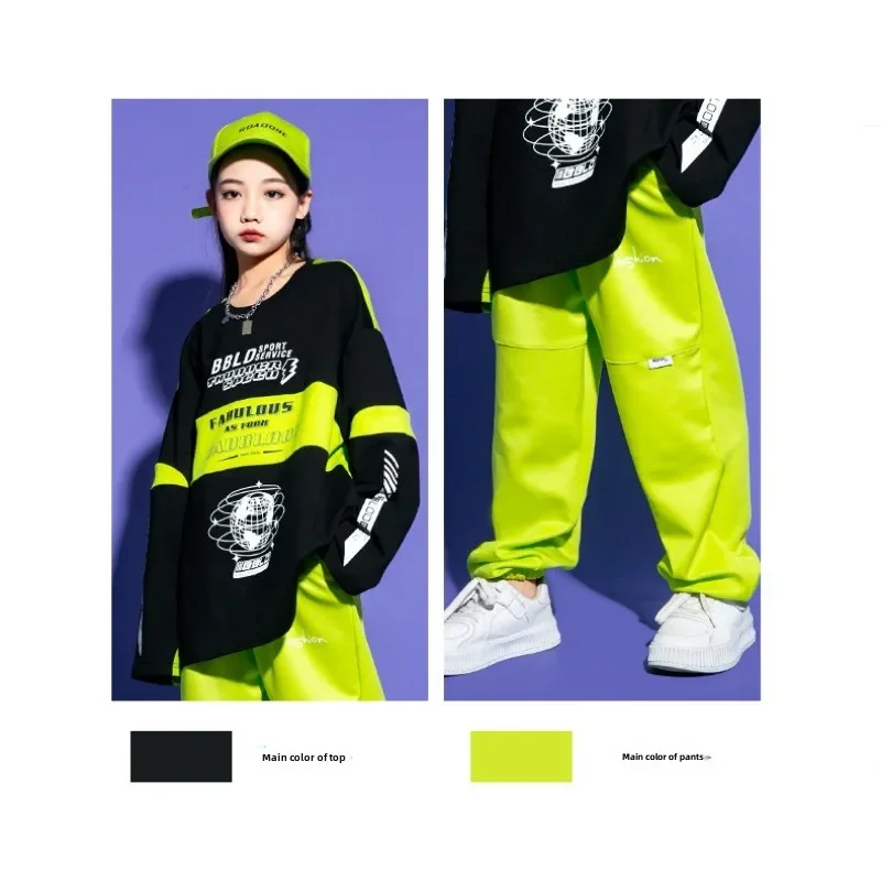 Trajes de baile de Jazz, ropa deportiva de monopatín de otoño, disfraz de Hip Hop para niños, ropa deportiva verde adecuada para exteriores