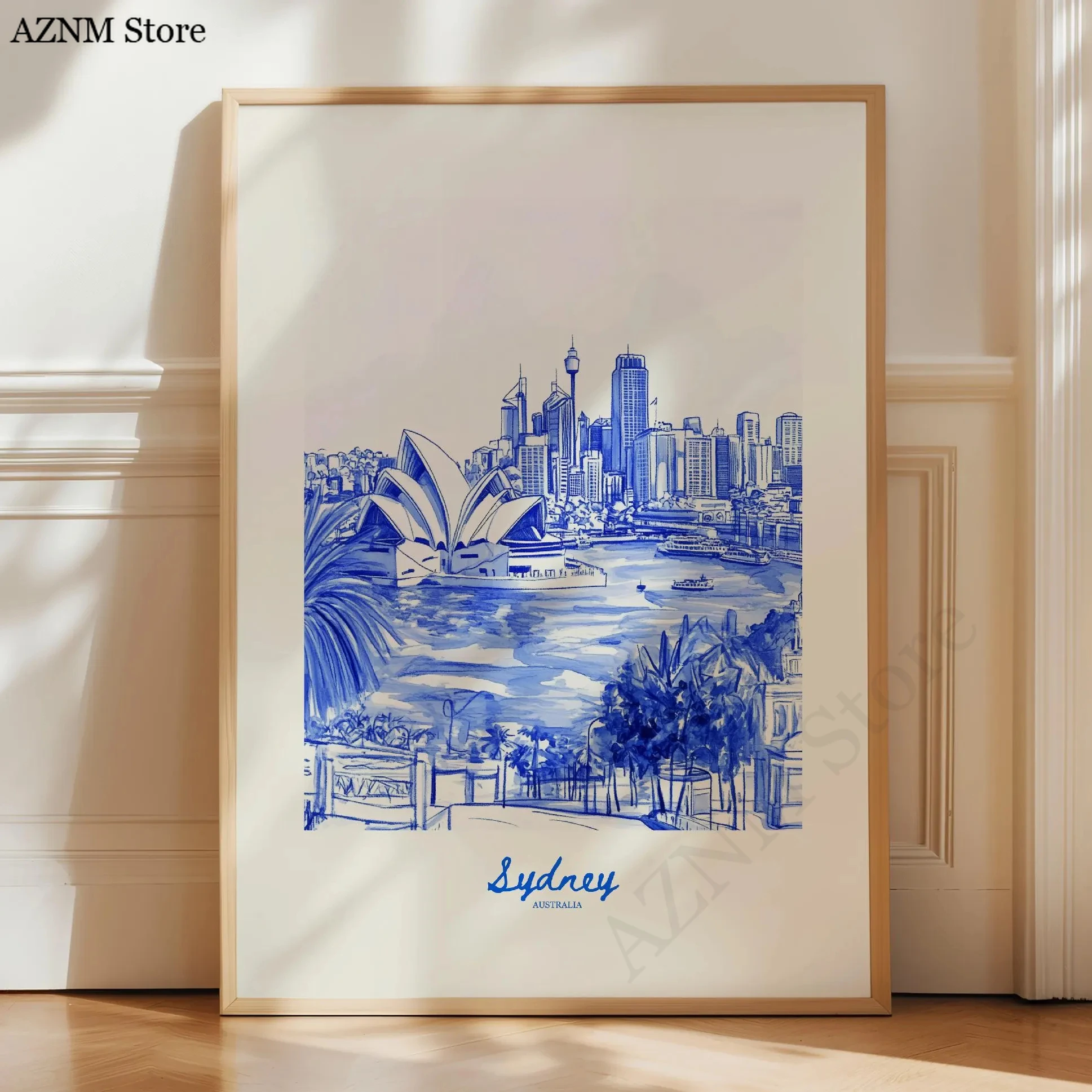 Retro City Travel Poster, Retro Italy Print, Navy Blue Trendy Wall Art, Hand Drawn Sketch, summer beach poster, Home Decor Art