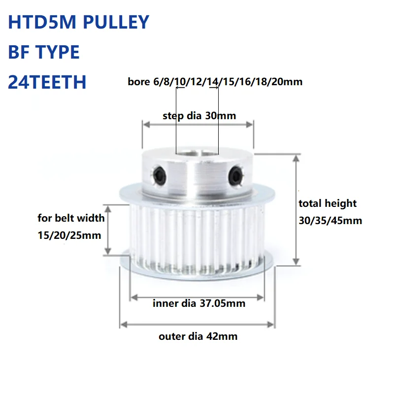 HTD5M 24teeth Bore 6/8/10/12/14/15/16/18/20  BF Timing Pulley Aluminum Alloy Timing Belt Pulley For HTD5M Belt Width 15mm