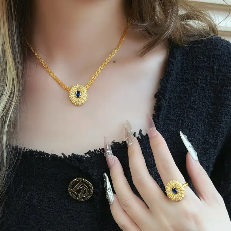 Luxury Set Micro-set Blue Diamond Sunflower Necklace Stud Earrings Ring For Women 24K Gold AU999 | Matching set, full of aura