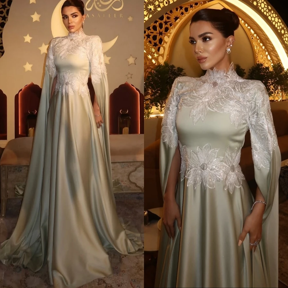 فستان سهرة أنيق مخصص بياقة عالية وأكمام قصيرة على شكل حرف A، فساتين مناسبة مخصصة للحفلات الراقصة الحديثة