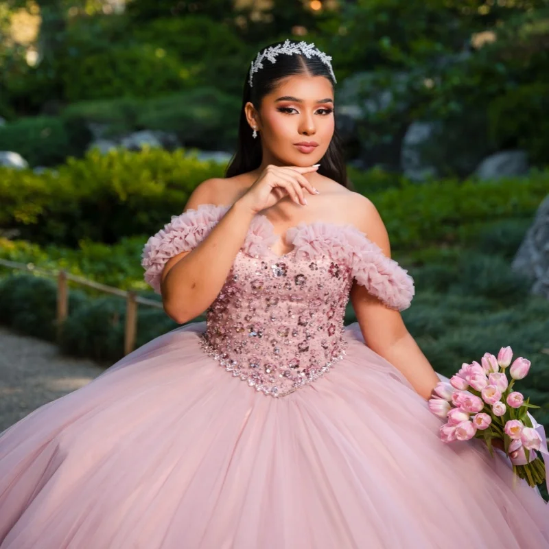 

Pink Quinceanera Dress off-shoulder Sequins Crystal Decal Lace Frill Long tail vestidos de 15 Quinceanera ﻿Customize