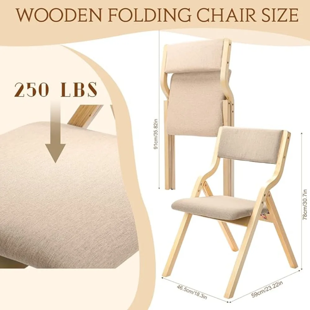 Wooden folding chair 2 folding dining chairs Folding chair with padded seat and removable lid  (beige)