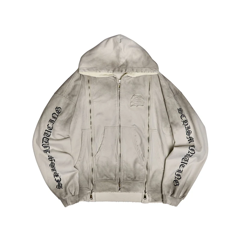 Americano retrò vecchio gradiente cerniera decorativa cardigan con cappuccio personalità vento di strada autunno e inverno moda nuovo maglione