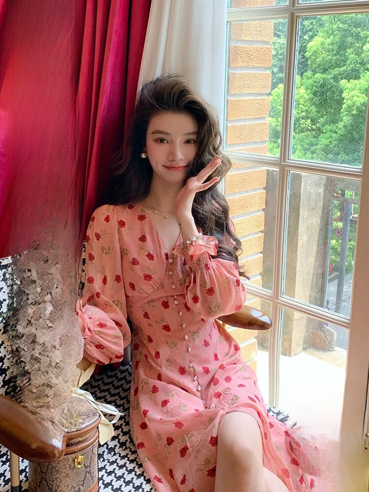 

Retro Floral Long Sve Dr Slimming Split Fairy Skirt Ele Long Dr High Waist A-Line Midi Dr Button Detail V-Nec...