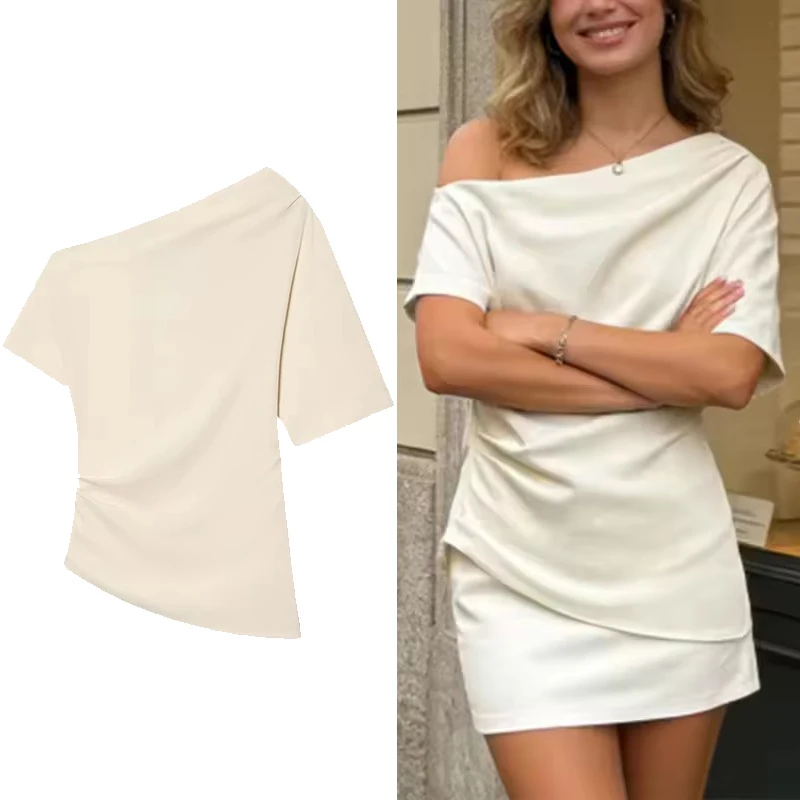 

2025 Women's Asymmetry Short Shirts & Blouses Top New Short Sleeve Ruched Fashion Streetwear Casual Chic Blouse Tops
