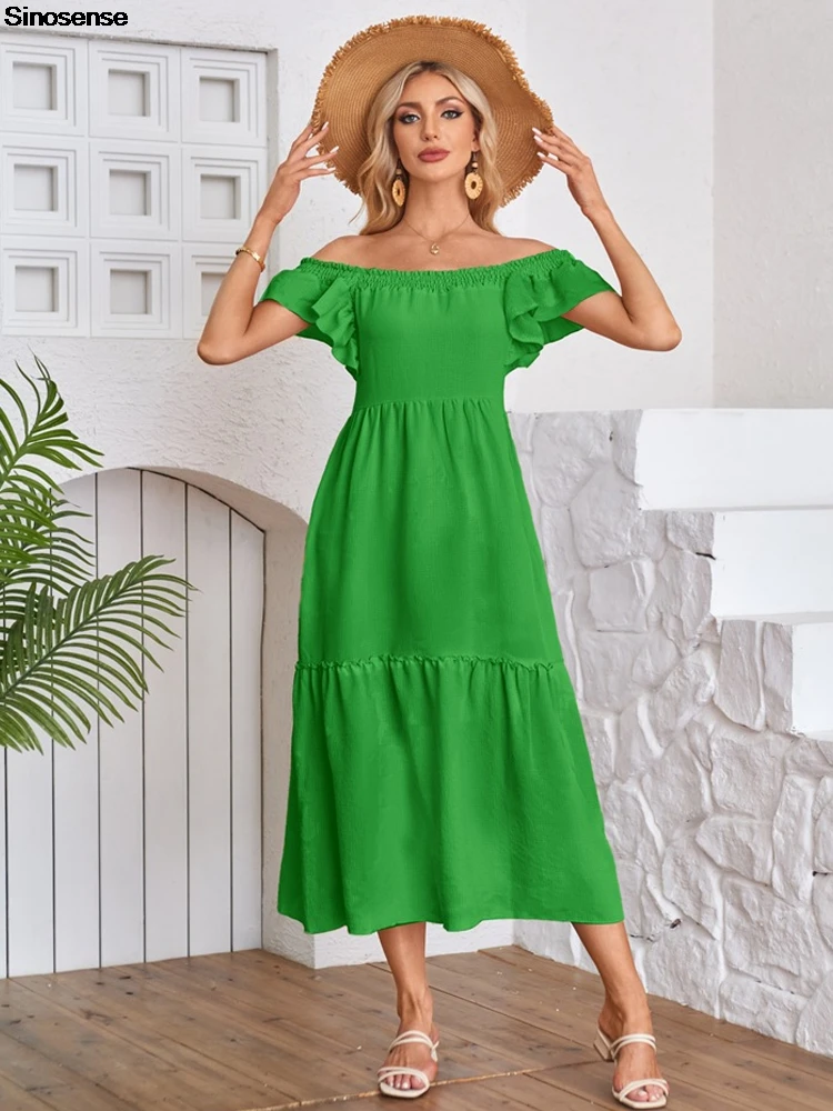 

Womens Summer Casual Boho Beach Maxi Dress Ruffled Cap Sleeves Smocked High Waist A Line Flowy Swing Cocktail Party Formal Dress