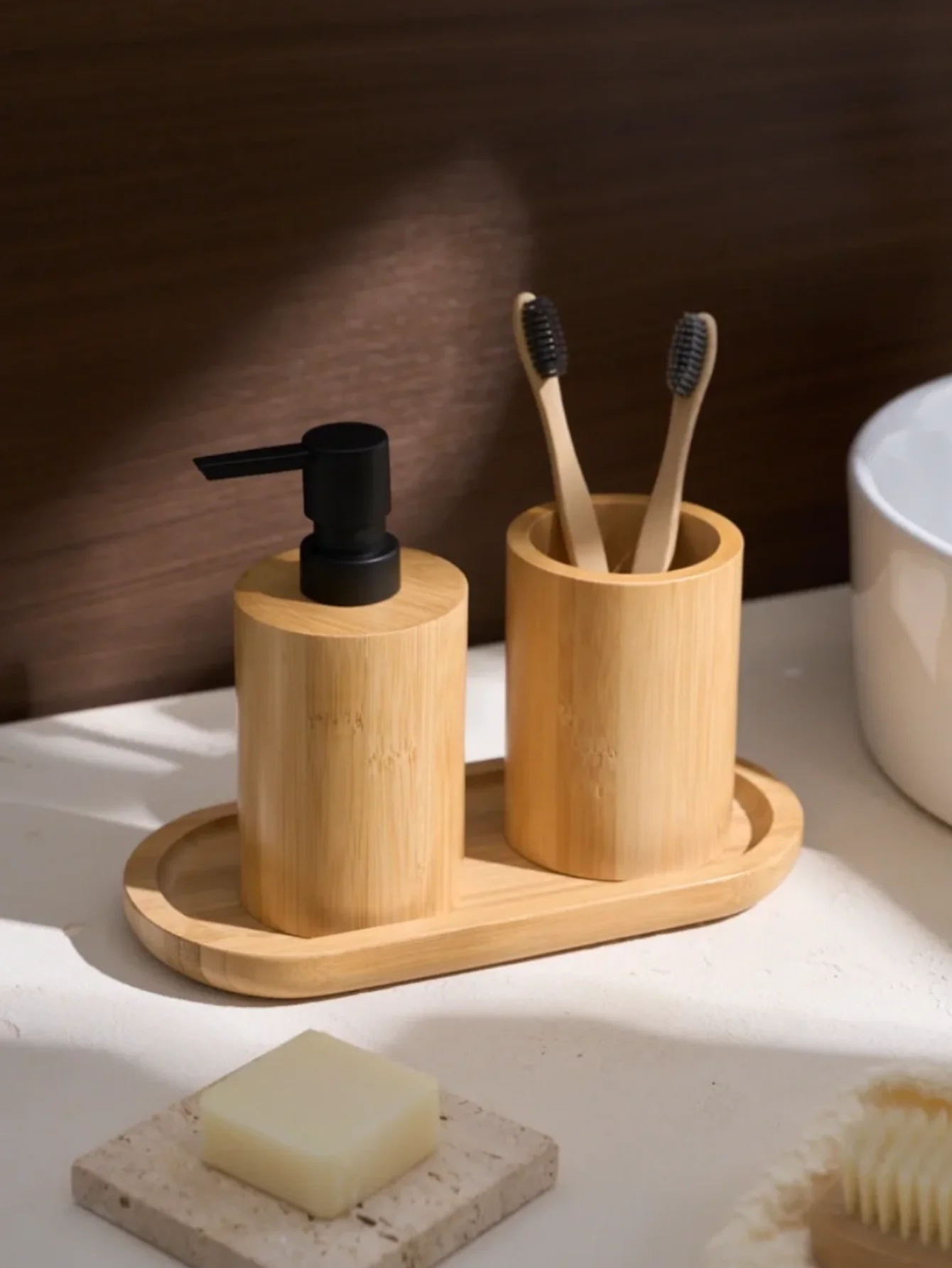 Botella dispensadora de jabón y loción de bambú de 15oz, juego de accesorios de baño, botella dispensadora de jabón de bambú, botella con bomba de líquido recargable