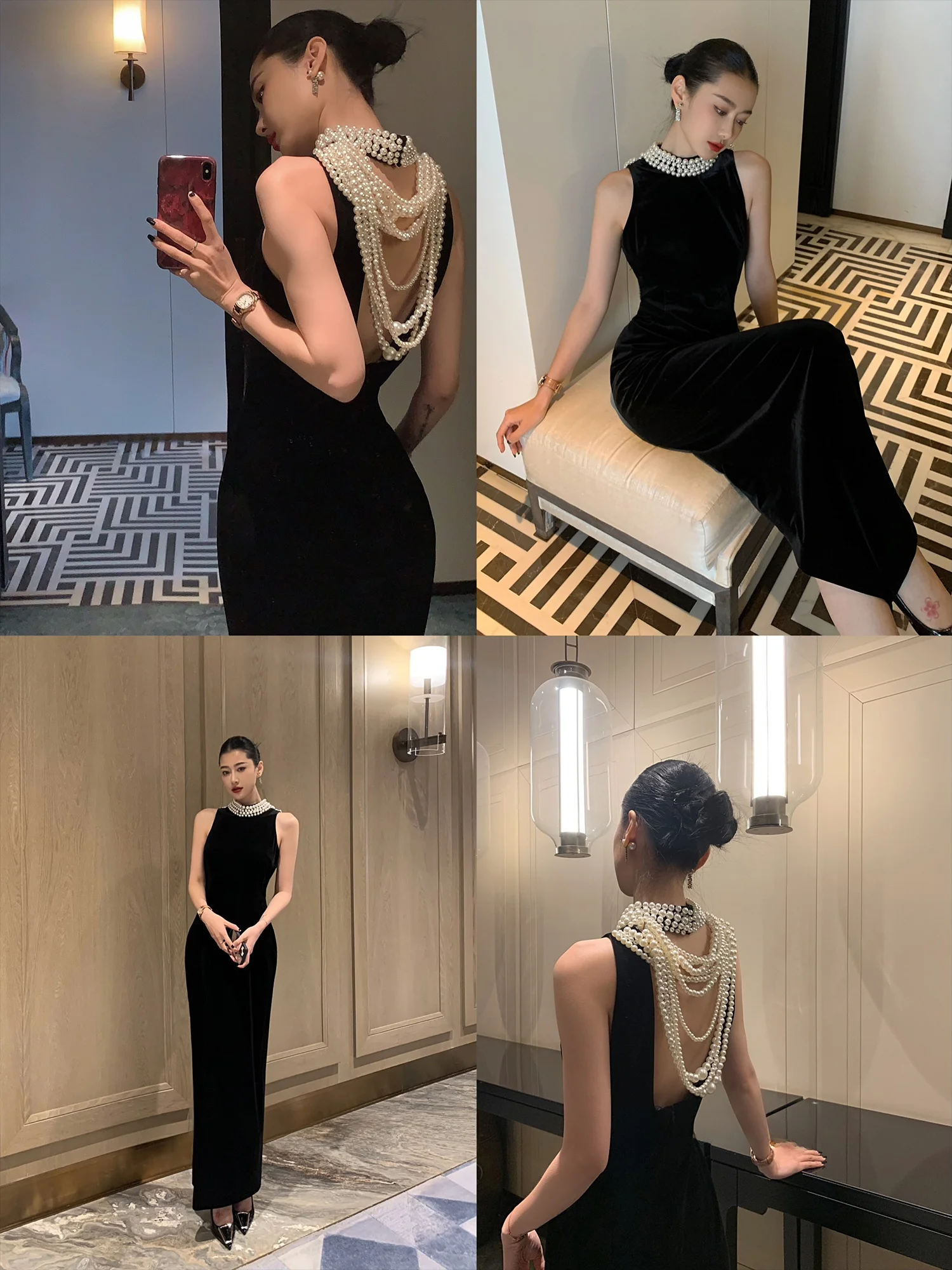 

Ele Velvet Bal Pearl Chain Svel Women's Dr Slimming Waist Design Perfect for Parties Bla Color