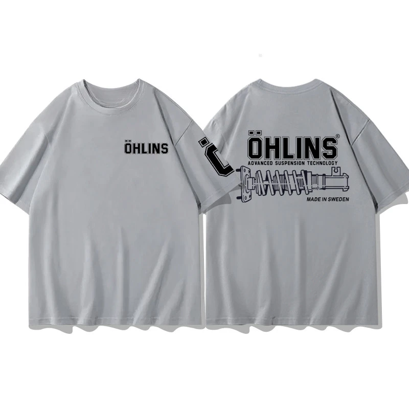 Hot Sale OHLINS Light Gray T-shirt Collection Motorcycle Shock Absorber Print Short Sleeve T-shirt Racing Fan Clothes