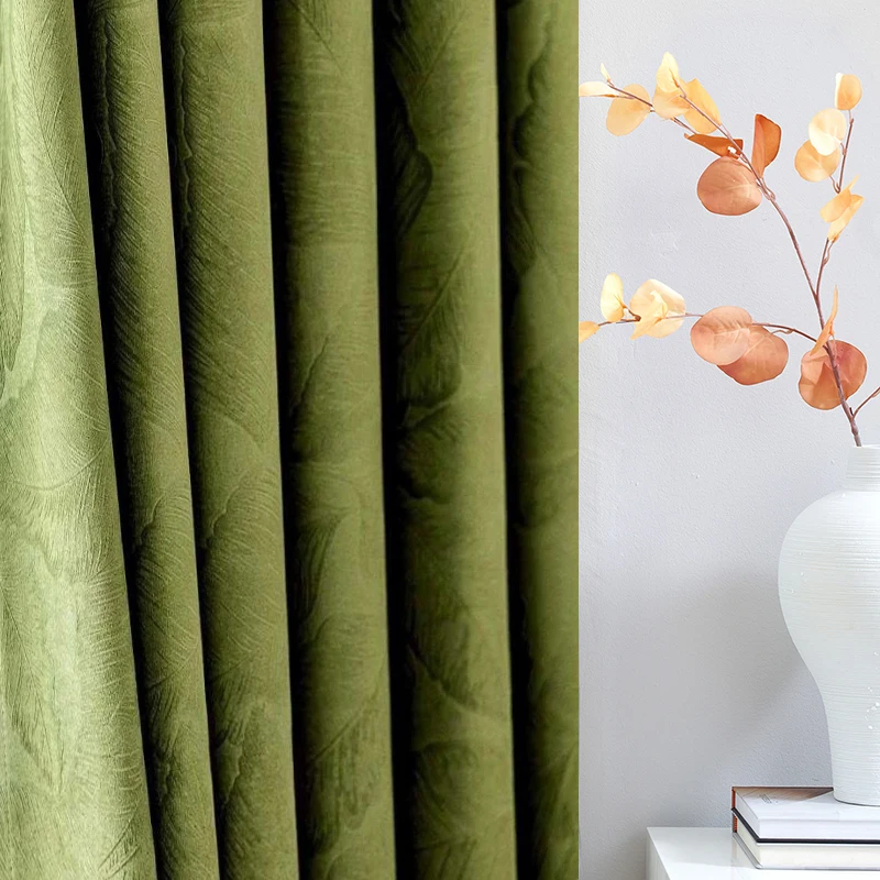 Light Luxury Olive Green Embossed Leaves Curtain for Living Room Jacquard Window Bedroom Shading 80% Home Decoration Blinds