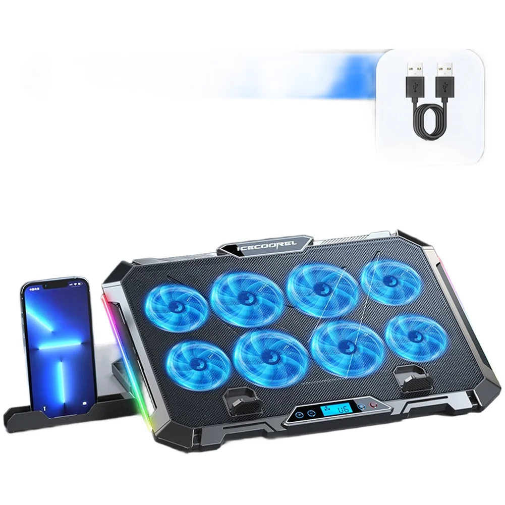 

Кулер для ноутбуков RGB от Ice 8: 8 мощных турбовентиляторов, 5 уровней регулировки высоты, бесшумный бесщеточный двигатель для ноутбуков 12-17,3 дюйма